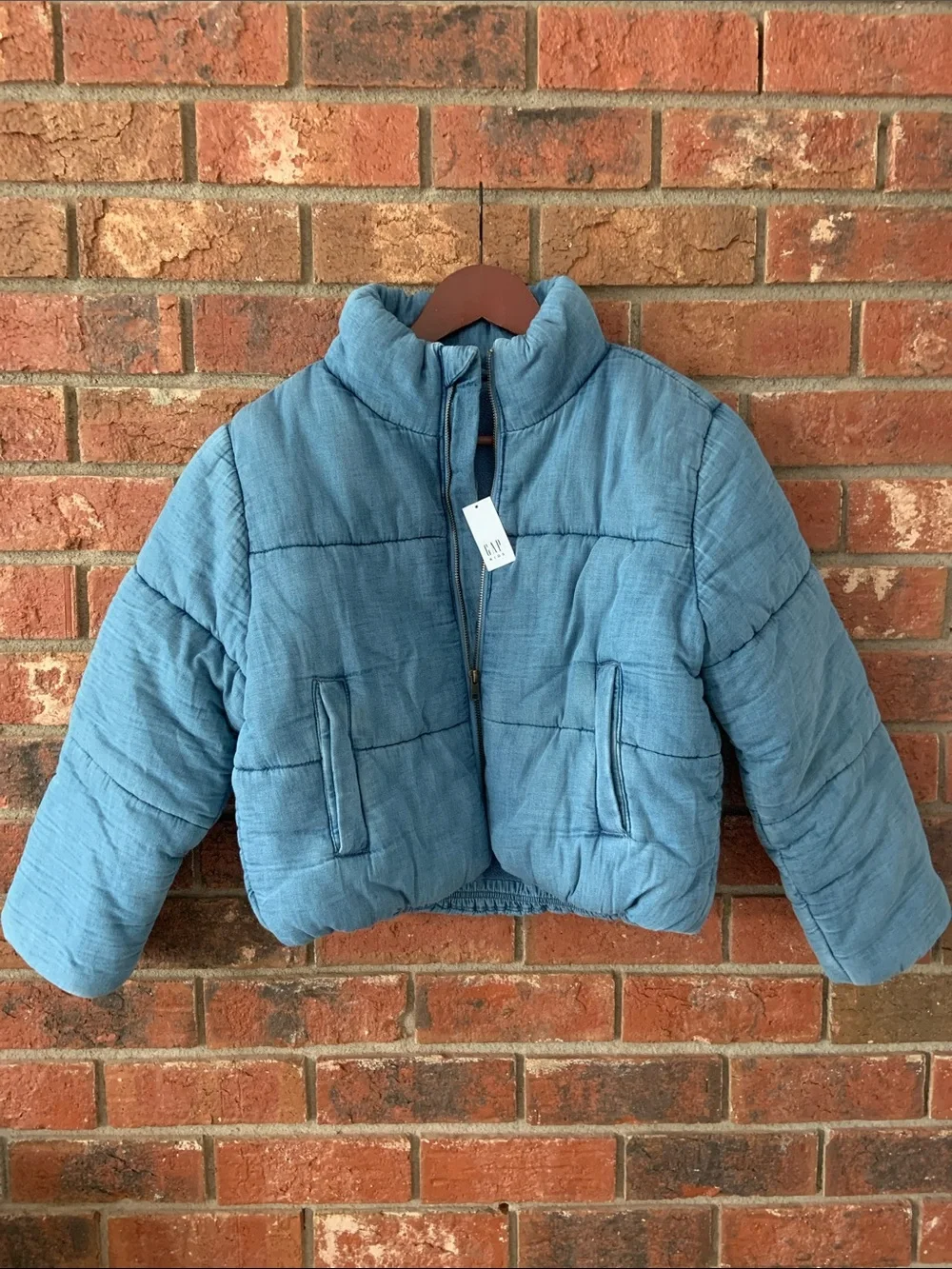 GAP Blue Denim Quilted Cropped Puffer Jacket for Kids
